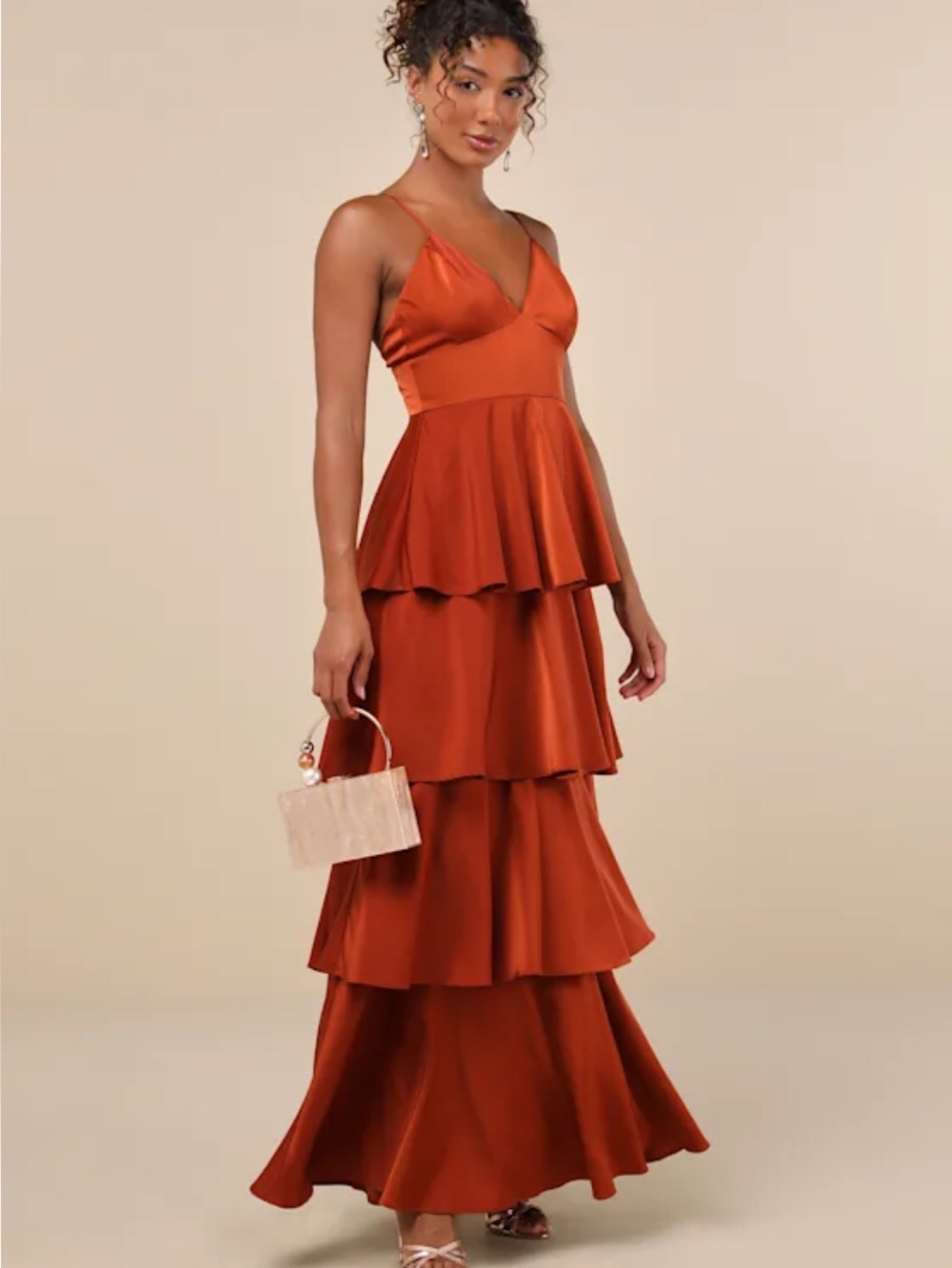 NWOT Lulus Going with Elegance Tiered Satin Maxi Dress in Rust Sz Small